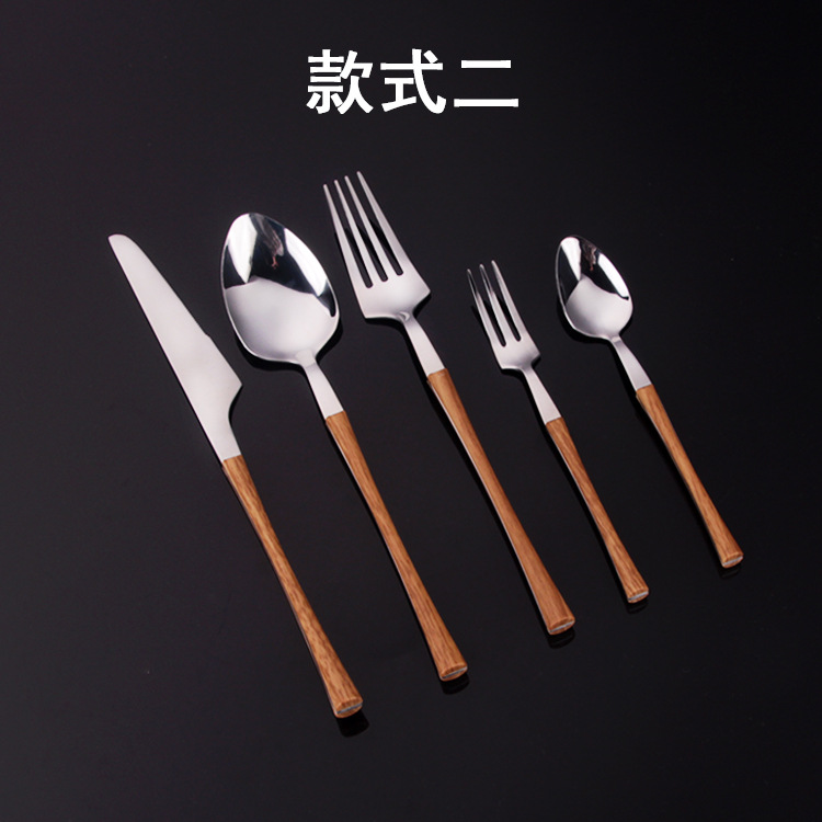 Customized new creative stainless steel imitation wooden handle tableware set for Western cuisine, steak knives and forks, coffee spoons and dessert spoons Application Scenario