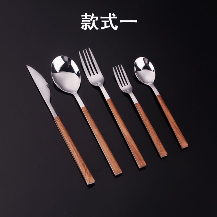 Customized new creative stainless steel imitation wooden handle tableware set for Western cuisine, steak knives and forks, coffee spoons and dessert spoons Specification image