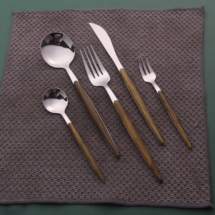 New imitation wooden handle knife, fork and spoon set, Korean-style tableware, stainless steel spoon, fork and steak knife in stock for wholesale, logo Specification image
