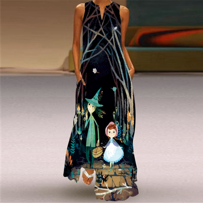 Summer 2021 Women's Fashion and sexy digital print V-neck sleeveless long dress with pocket, European and American dress S-5XL Application Scenario