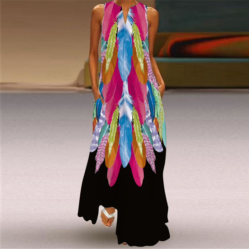 Summer 2021 Women's Fashion and sexy digital print V-neck sleeveless long dress with pocket, European and American dress S-5XL Item Picture