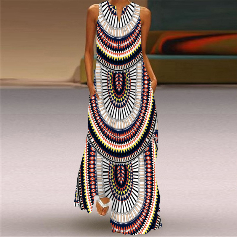 Summer 2021 Women's Fashion and sexy digital print V-neck sleeveless long dress with pocket, European and American dress S-5XL Specification image