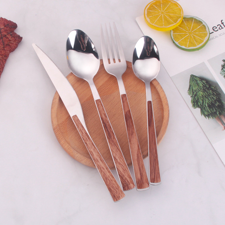 Amazon Japanese wooden-handled steak knife, fork and spoon set, coffee spoon 410 stainless steel tableware four-piece custom set Specification image