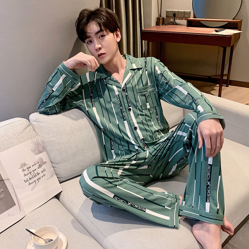 Factory wholesale men's pajamas for spring and autumn, milk silk men's cardigan long-sleeved, youth home wear sets details Picture
