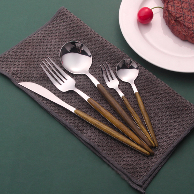 New imitation wooden handle knife, fork and spoon set, Korean-style tableware, stainless steel spoon, fork and steak knife in stock for wholesale, logo details Picture