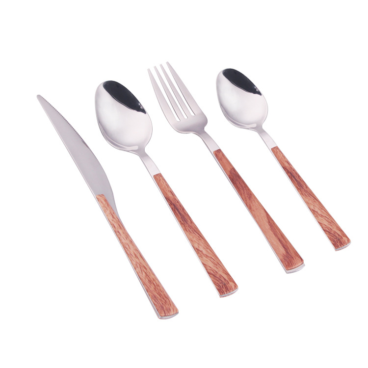Amazon Japanese wooden-handled steak knife, fork and spoon set, coffee spoon 410 stainless steel tableware four-piece custom set Application Scenario