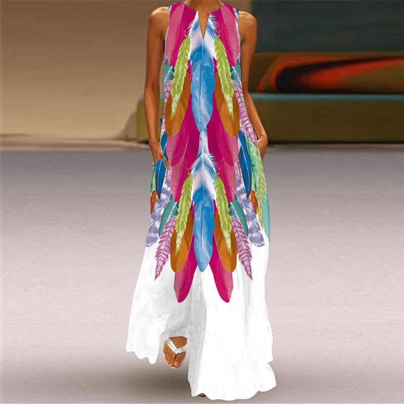 Summer 2021 Women's Fashion and sexy digital print V-neck sleeveless long dress with pocket, European and American dress S-5XL details Picture