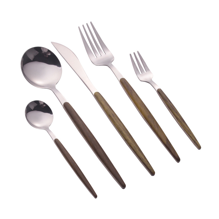 New imitation wooden handle knife, fork and spoon set, Korean-style tableware, stainless steel spoon, fork and steak knife in stock for wholesale, logo Item Picture