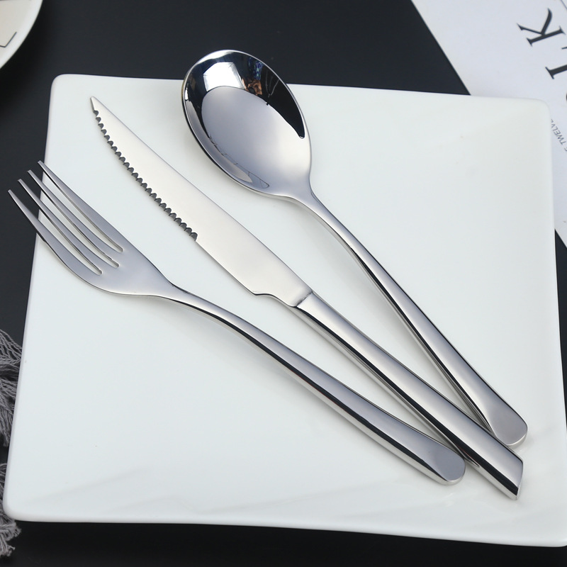 Stainless steel steak knife, fork and spoon set with inclined handle, Western tableware, household dessert forks and spoons, soup spoons and spoons can be customized Application Scenario