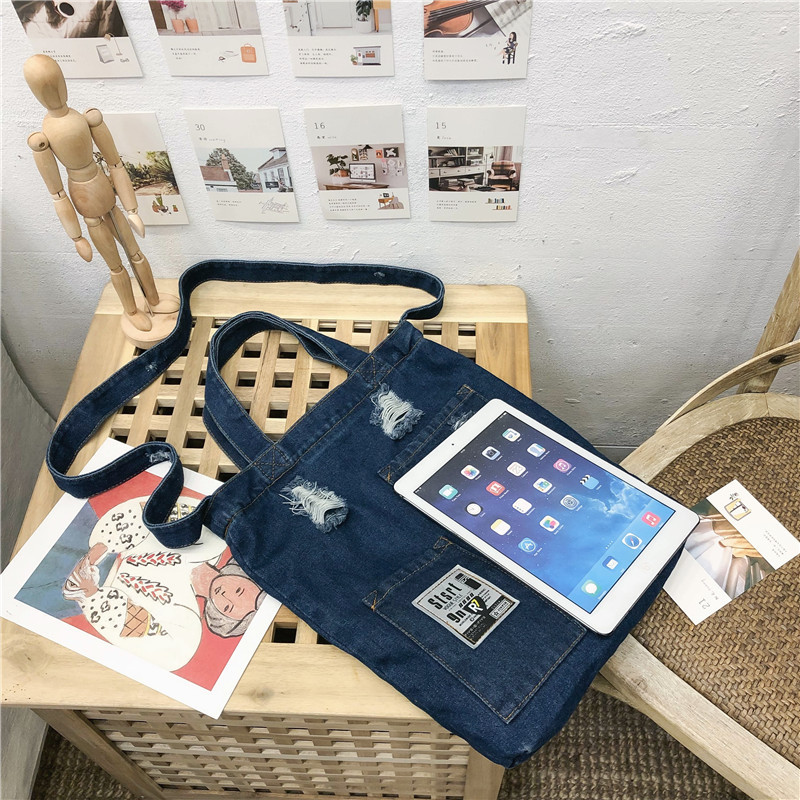 Cross-border 2021 new style denim canvas women's single-shoulder bag, retro style, perforated crossbody, college style bucket bag for women wholesale Application Scenario