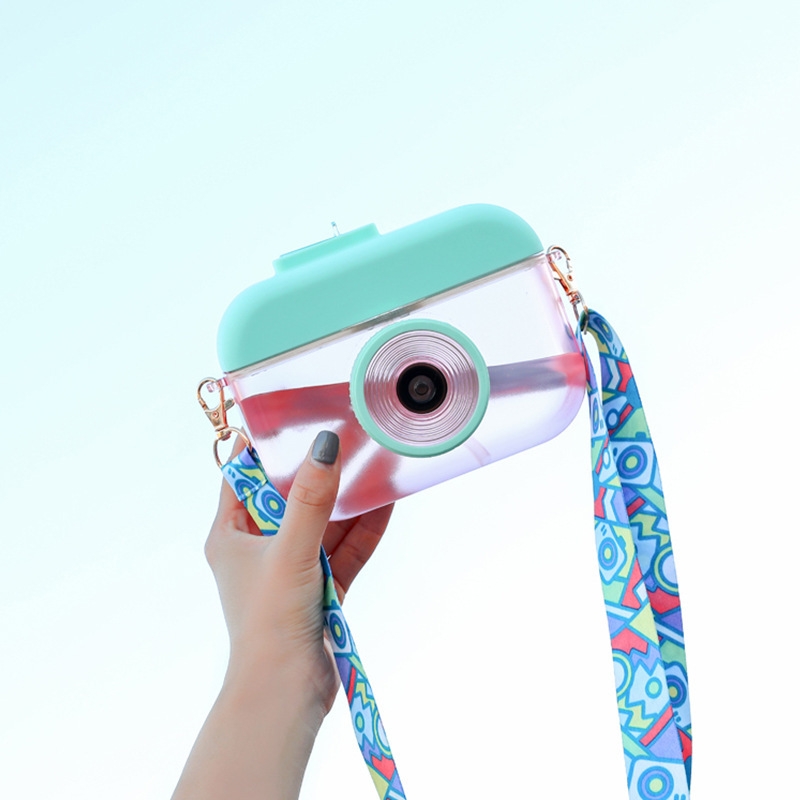 Creative 3D camera plastic cup 400ml Portable shoulder strap casual cup Straw cup box gift water cup wholesale Specification drawing