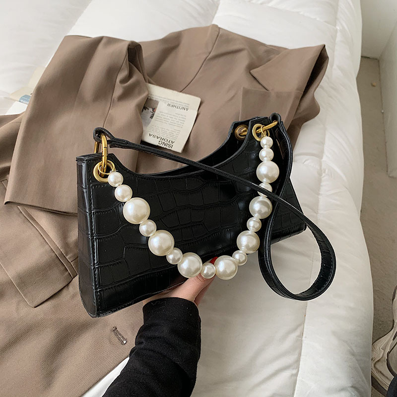The popular pearl hand-held small bag 2021 spring Korean version, new stone pattern, unique and versatile, single-shoulder armpit bag, PU Specification image