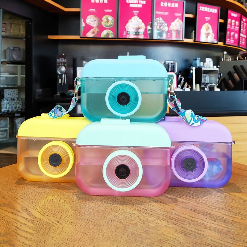 Creative 3D camera plastic cup 400ml Portable shoulder strap casual cup Straw cup box gift water cup wholesale full figure