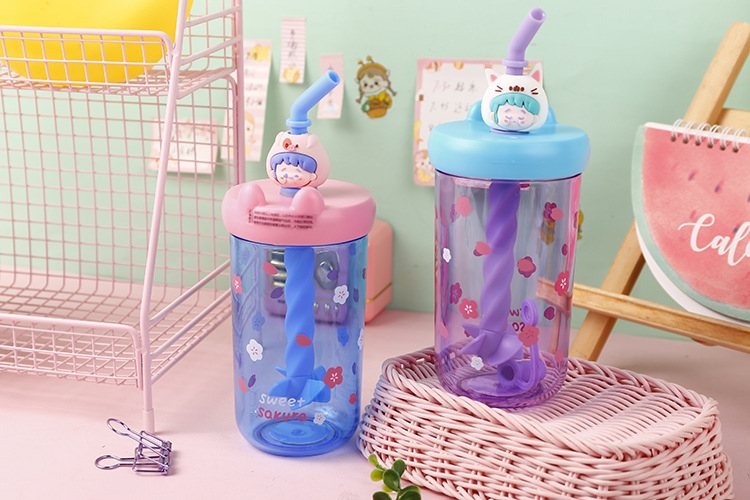 Stirring straw, shaking trend, Harajuku cartoon, ins, fashionable and cute, portable plastic girl, casual forest-style water cup details Picture