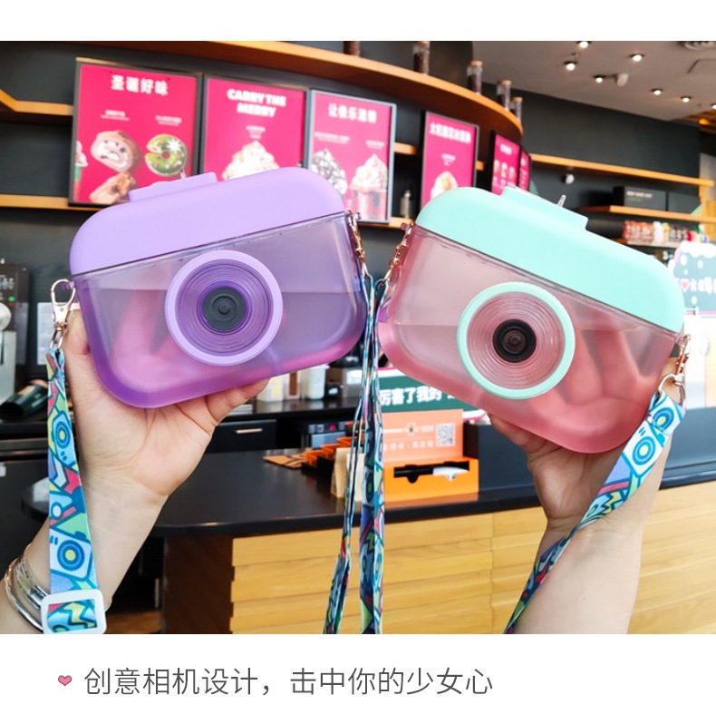 Creative 3D camera plastic cup 400ml Portable shoulder strap casual cup Straw cup box gift water cup wholesale details Picture