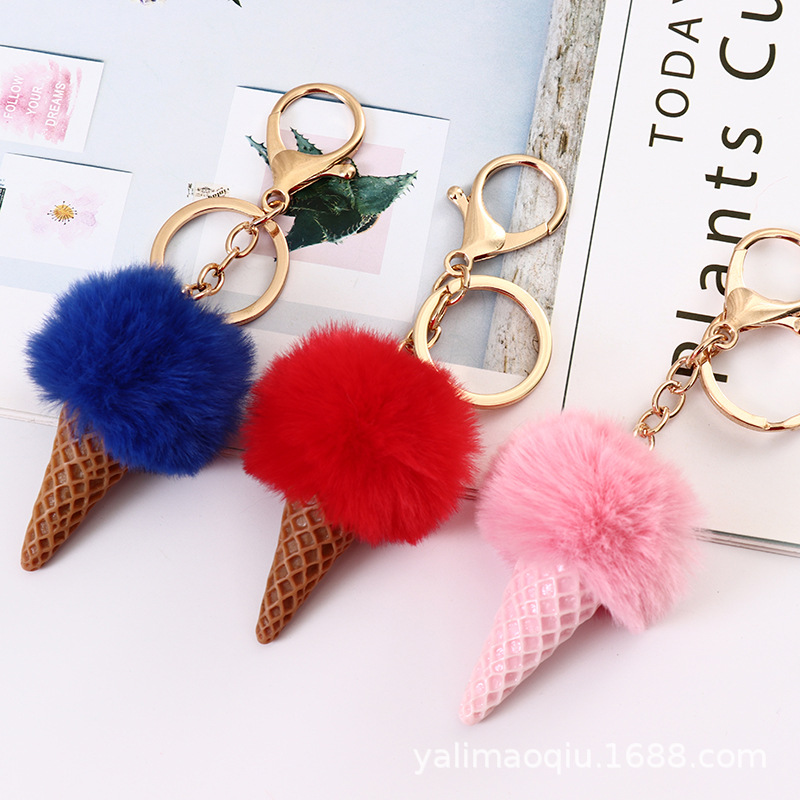 新品 亚克力冰淇淋钥匙扣挂件 仿真雪糕树脂甜筒仿獭兔毛球挂饰