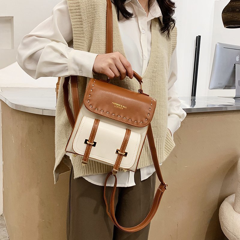 New 2021 PU large-capacity bag, Korean version color-blocking trendy one-shoulder women's casual and stylish backpack