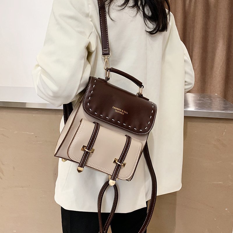 New 2021 PU large-capacity bag, Korean version color-blocking trendy one-shoulder women's casual and stylish backpack Specification image