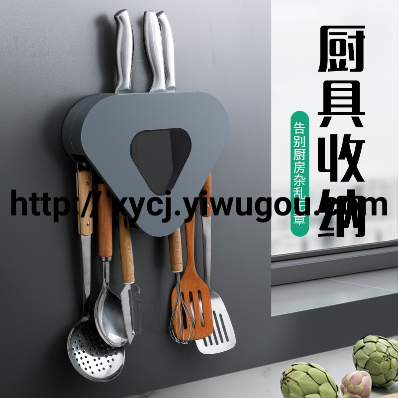 Wall-mounted kitchen storage rack without drilling holes, knife rack, pot spatula, spoon hook, multi-functional kitchenware storage rack, wall details Picture