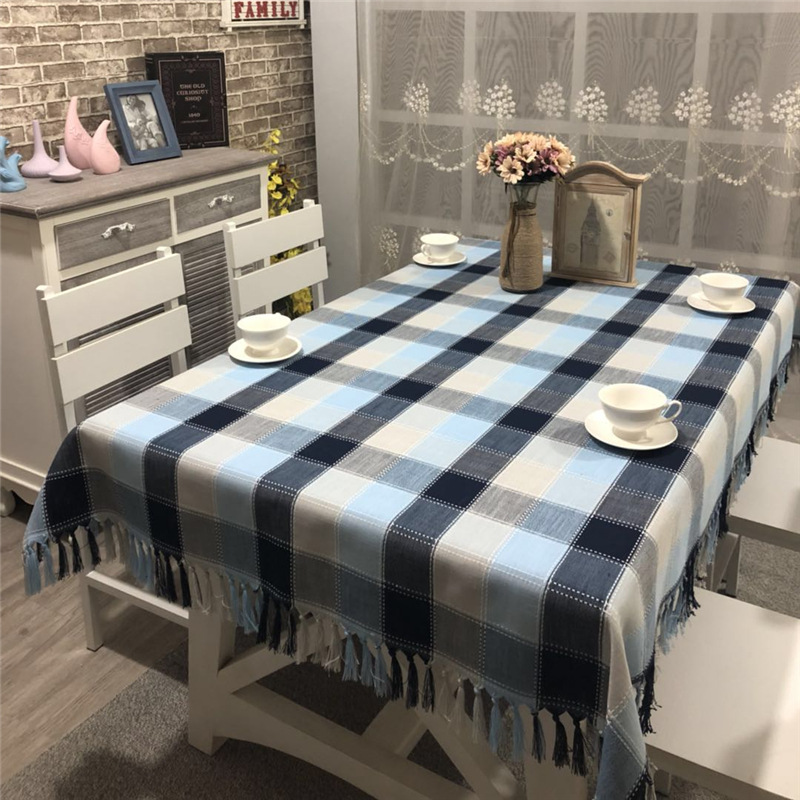 格子布流苏美式桌布棉麻台布家用长方形茶几布餐桌布桌椅套件批发