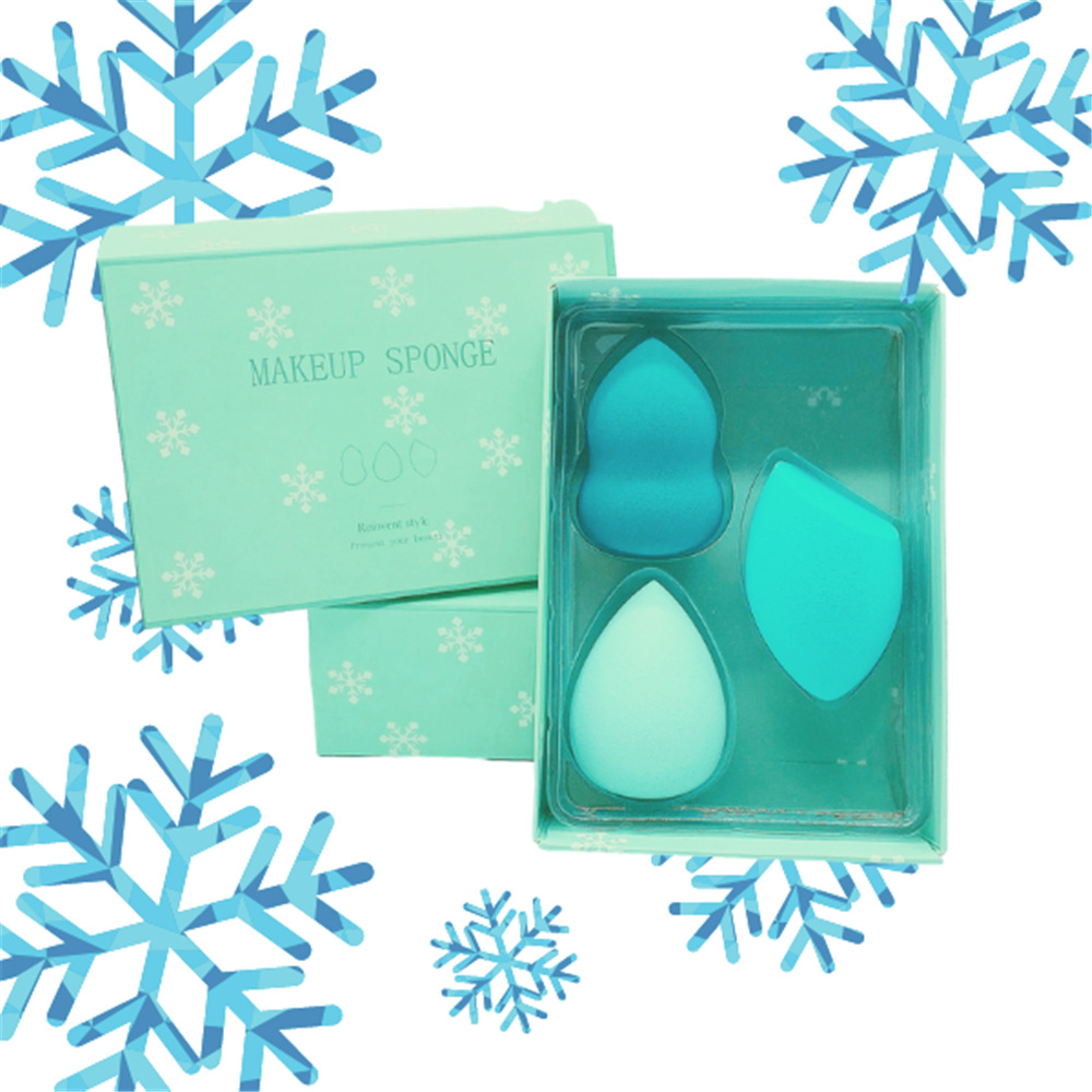 Factory source blue-green gradient 3-color gourd water drop diagonal cut beauty egg powder puff set beauty egg gift box Specification image