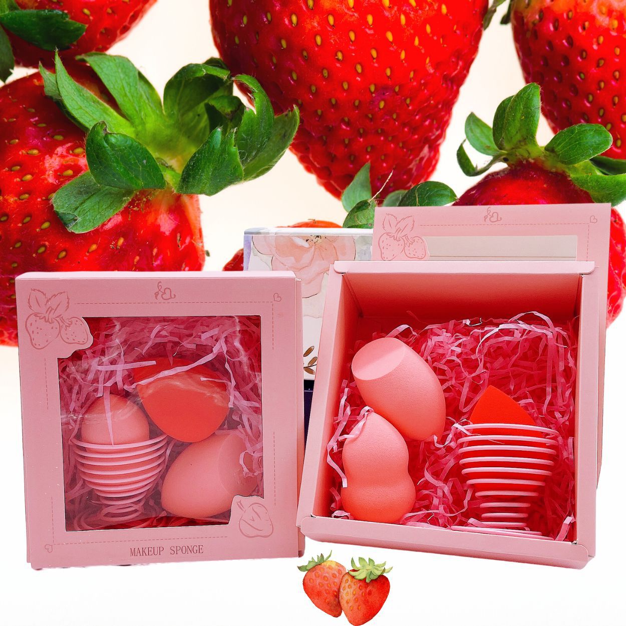 Factory direct sales strawberry pink fruit series gourd water drop diagonal Cut 3-piece beauty egg powder puff gift set