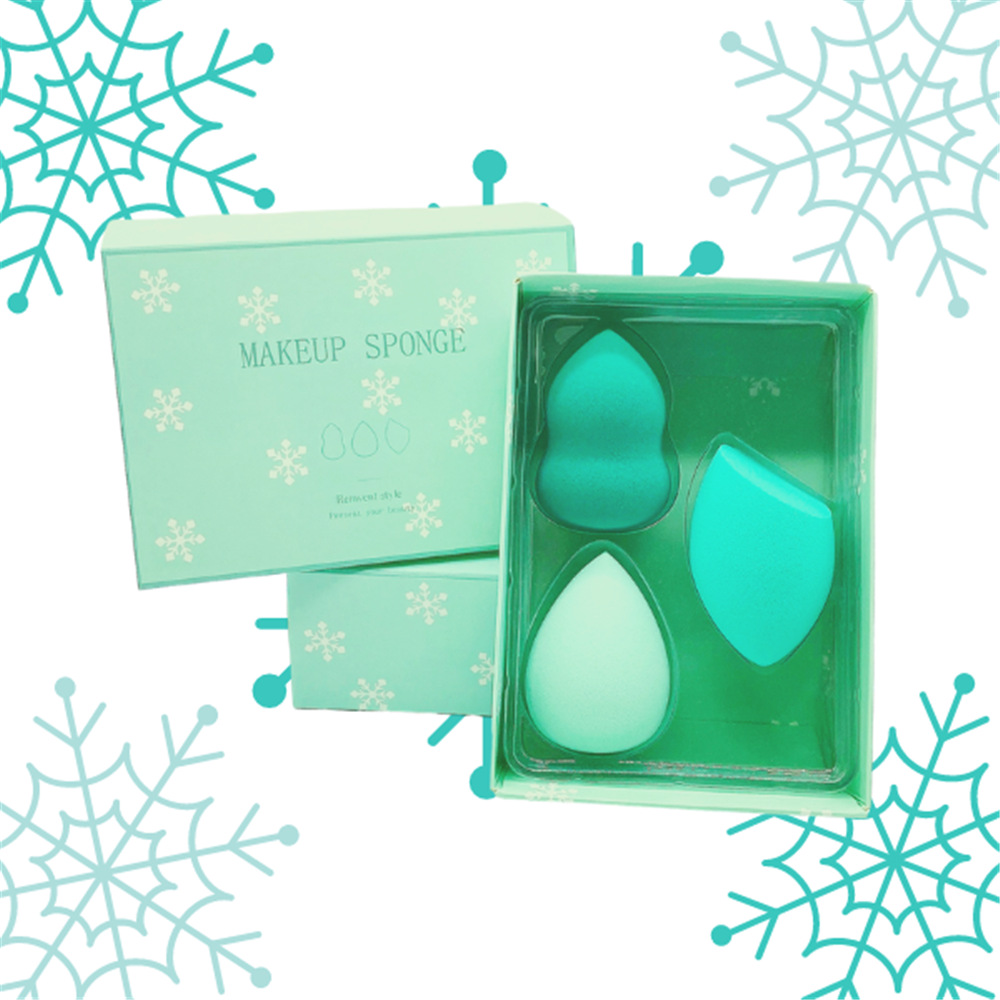 Factory source blue-green gradient 3-color gourd water drop diagonal cut beauty egg powder puff set beauty egg gift box details Picture