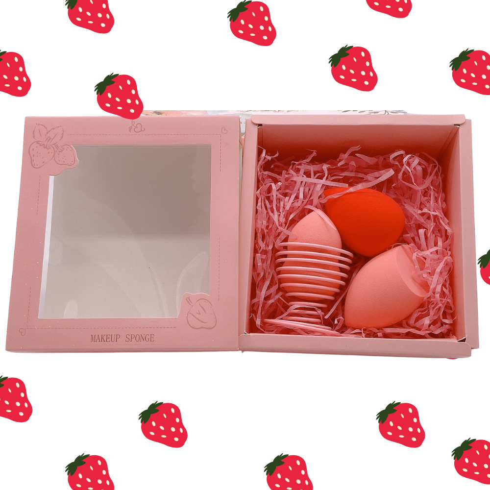 Factory direct sales strawberry pink fruit series gourd water drop diagonal Cut 3-piece beauty egg powder puff gift set details Picture