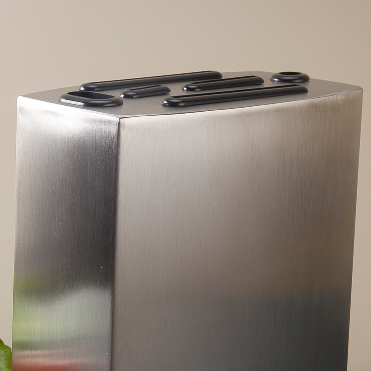 New stainless steel knife holder, stainless steel knife rack in stock, kitchen storage rack, steel base, factory five-hole stainless steel straight socket knife rack, 430 magnetic stainless steel +ABS kitchenware knife rack details Picture