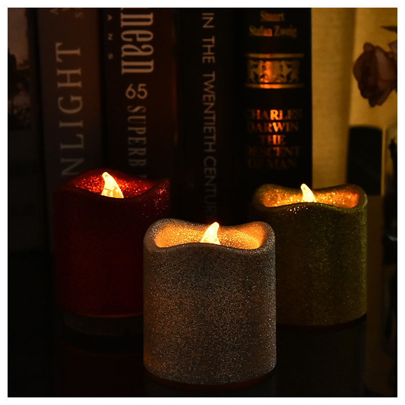 Wavy mouth powder sprinkled electronic candles, tea wax lamps sprinkled with gold powder, yellow light flashing, festival decoration, wedding candles and lamps details Picture