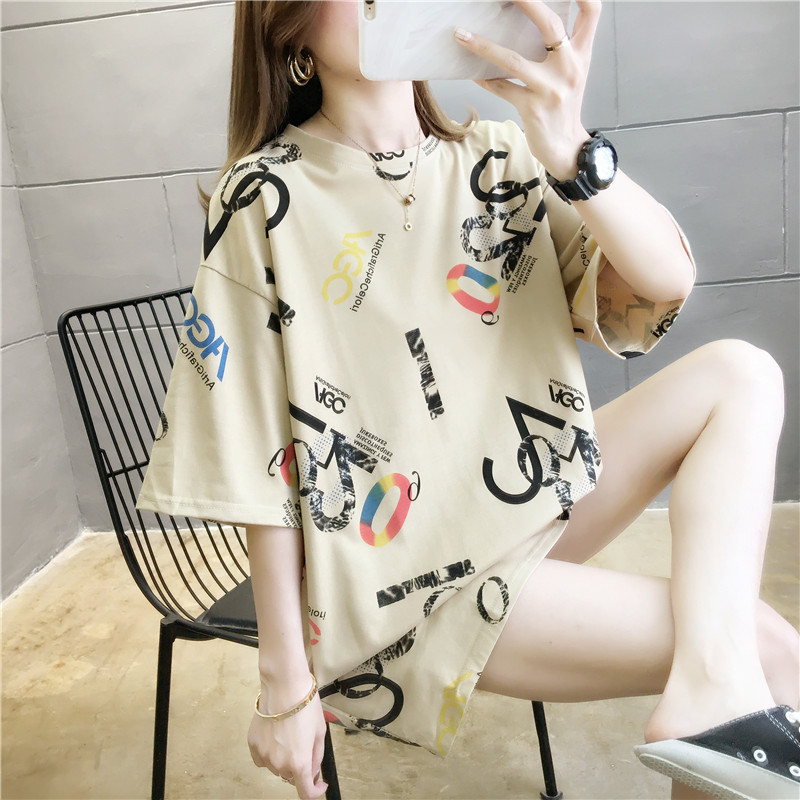 Summer new women's short-sleeved T-shirt, mid-length, loose, large-sized women's T-shirt, printed top, one-piece consignment for women details Picture