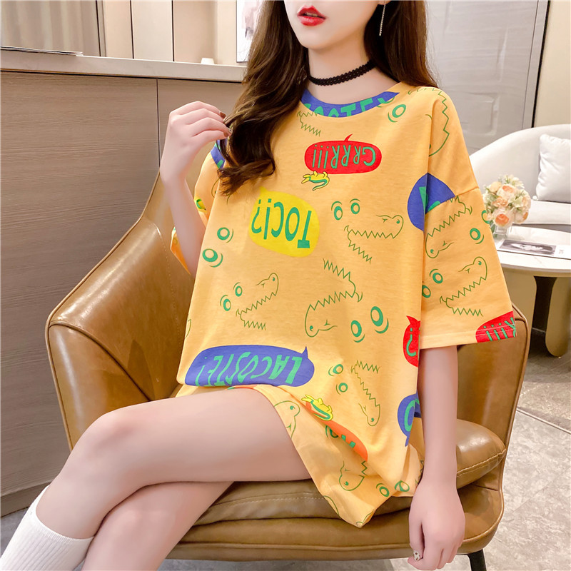 Wholesale summer new women's short-sleeved T-shirts, mid-length, loose, plus-size women's T-shirts, printed tops for women details Picture