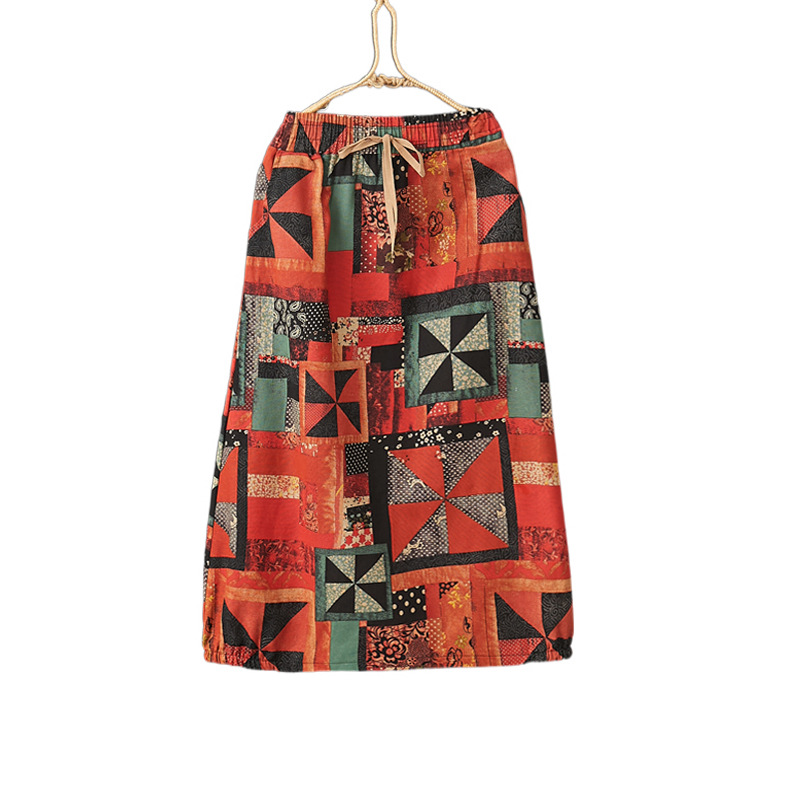 Spring/Summer 2021 new ethnic style retro printed floral A-line mid-length cotton and linen skirt Item Picture