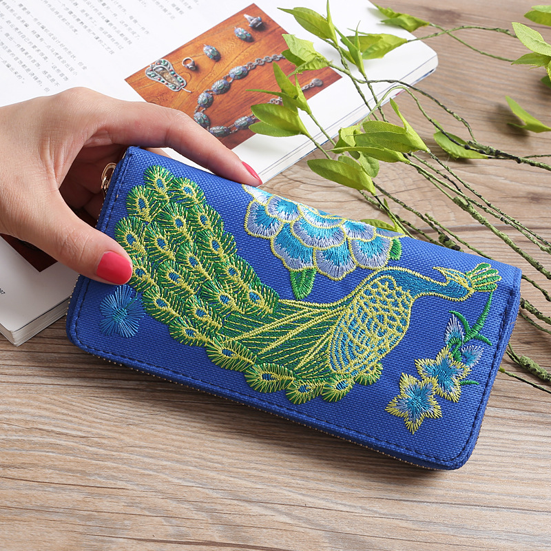 2021 New style Yunnan ethnic style long clutch bag with peacock double-sided embroidery for women, multi-slot coin purse