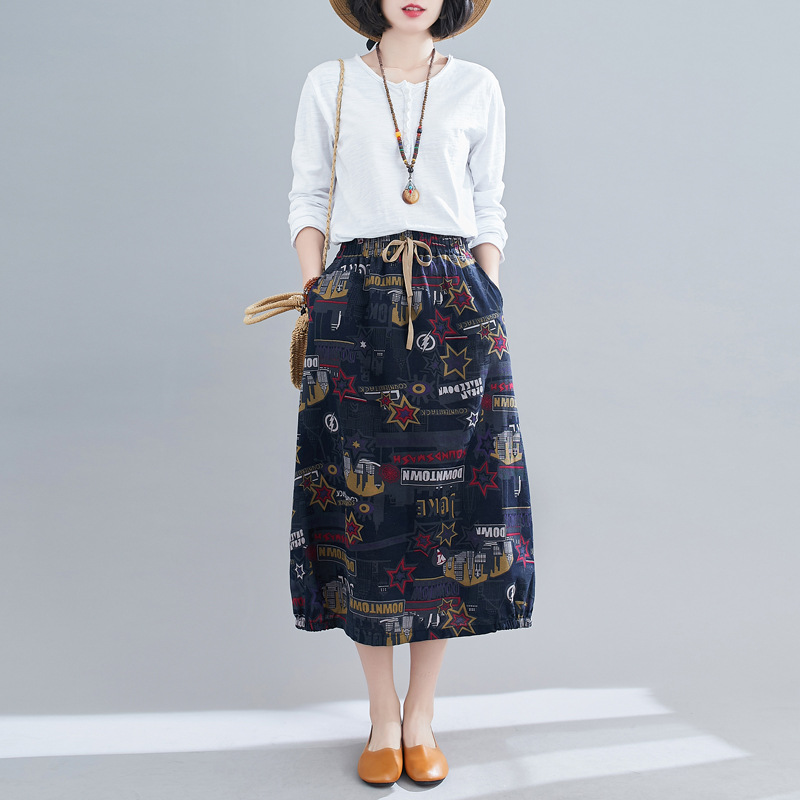 Spring/Summer 2021 new ethnic style retro printed floral A-line mid-length cotton and linen skirt Application Scenario