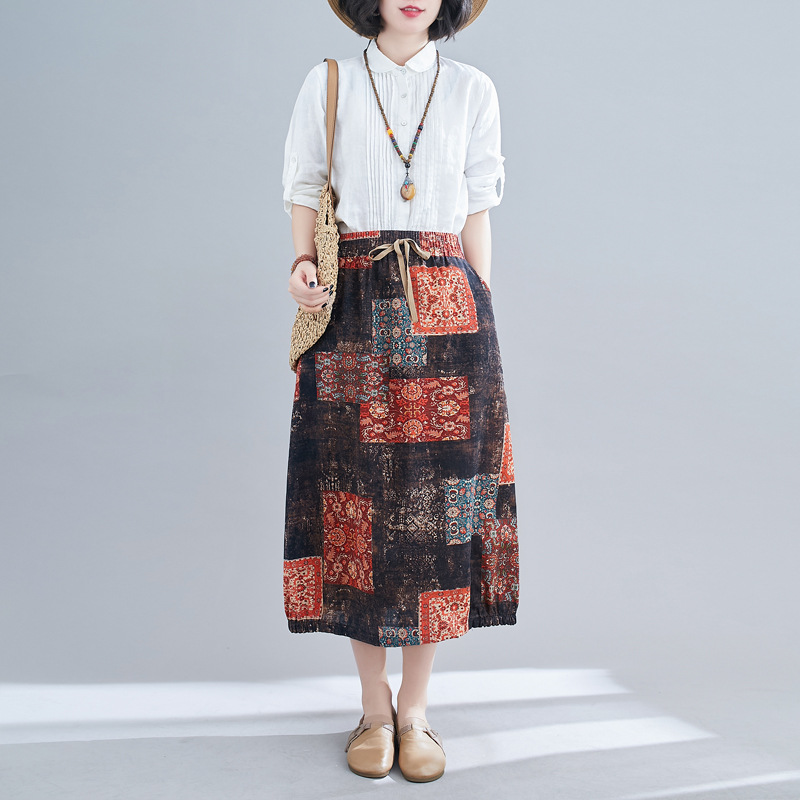 Spring/Summer 2021 new ethnic style retro printed floral A-line mid-length cotton and linen skirt details Picture