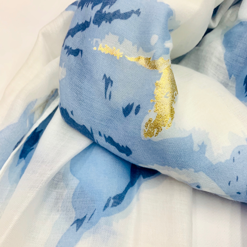 【 Retail 】90*180 encrypted Balinese yarn encrypted printed gold scarf export final order Specification image