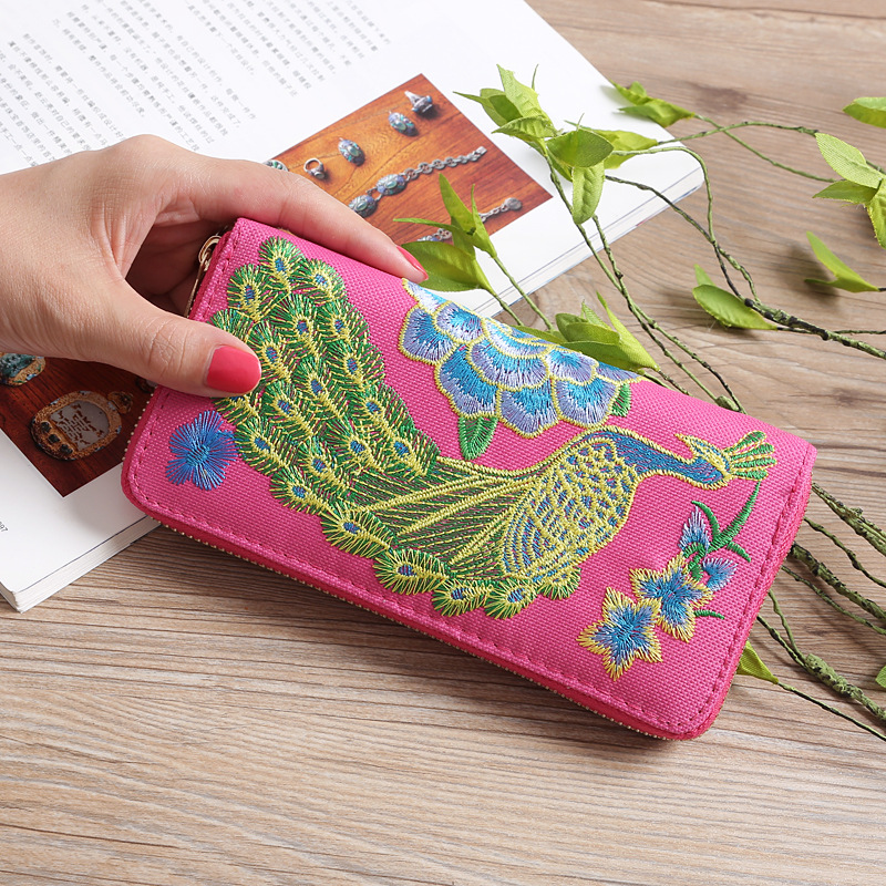 2021 New style Yunnan ethnic style long clutch bag with peacock double-sided embroidery for women, multi-slot coin purse Specification image