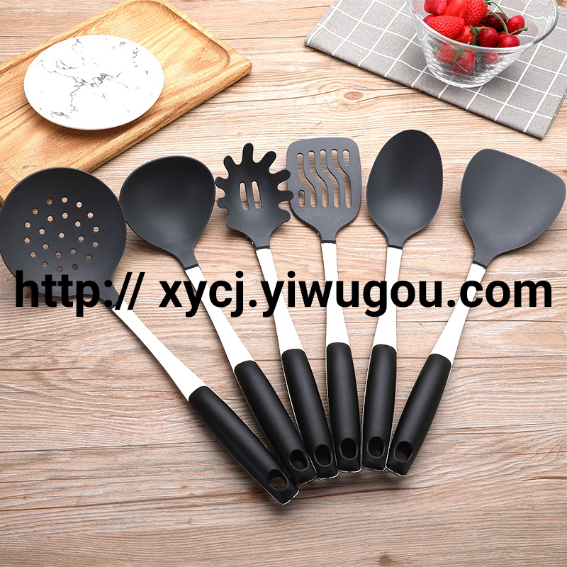 A 6-piece set of kitchen colored nylon kitchenware that is not prone to sticking to the pot, featuring cooking spatulas and spoons