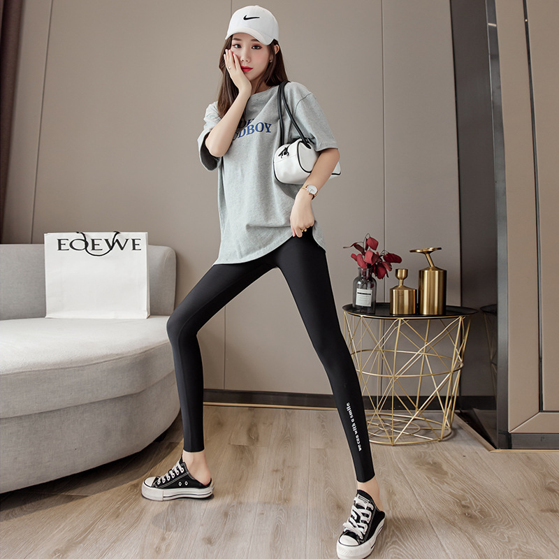 Yiwu summer's new shark skin ice silk leggings for women, high-waisted and belt-curving, spring and autumn thin, small-leg nine-inch pants Specification image