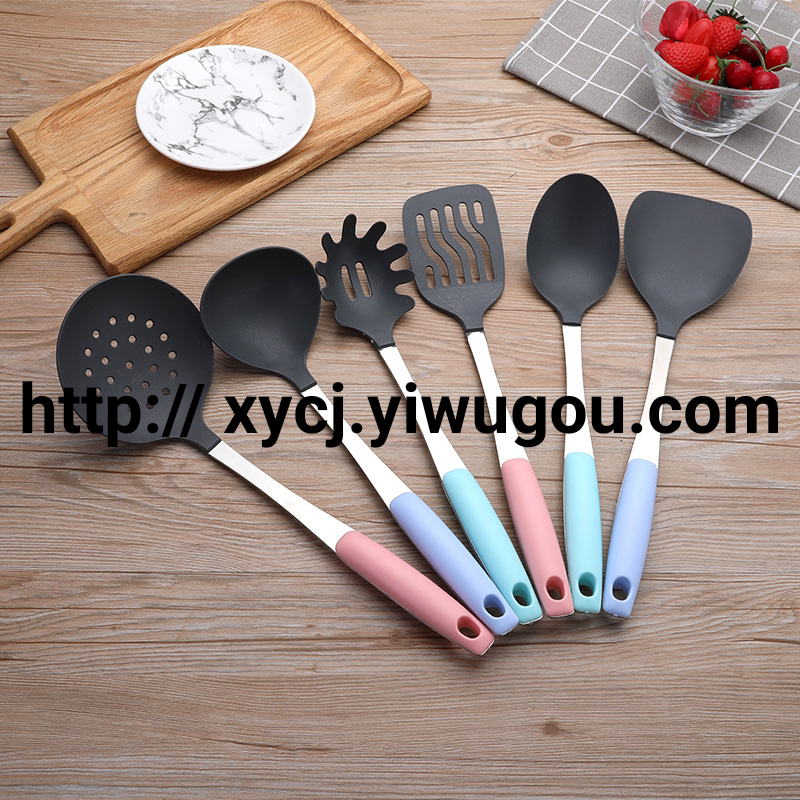 A 6-piece set of kitchen colored nylon kitchenware that is not prone to sticking to the pot, featuring cooking spatulas and spoons Specification image