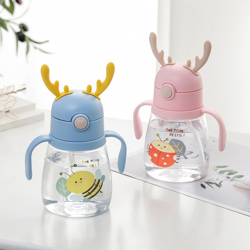 Cartoon deer horn niños portátil kettle baby straight drink pajita jardín de infantes para niños de primaria prevención de caídas taza de plástico taza de agua details Picture