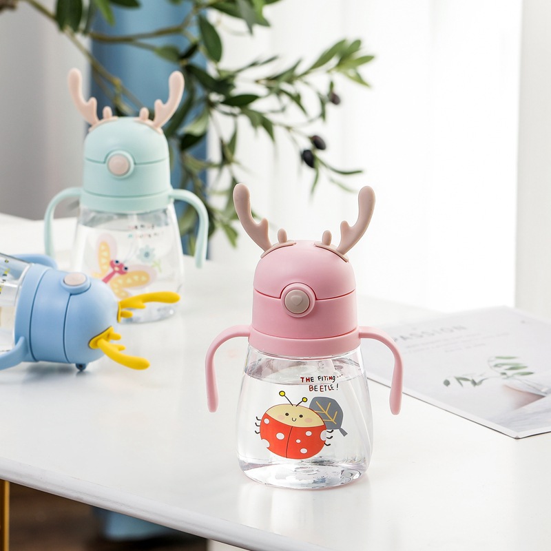 Cartoon deer horn niños portátil kettle baby straight drink pajita jardín de infantes para niños de primaria prevención de caídas taza de plástico taza de agua Specification image