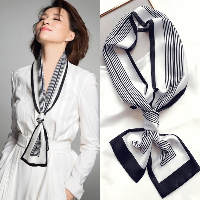 Live-streaming bestseller: 14*145 double-layer scarf tied hair bag with lines, available for sale all year round, smooth silk scarf