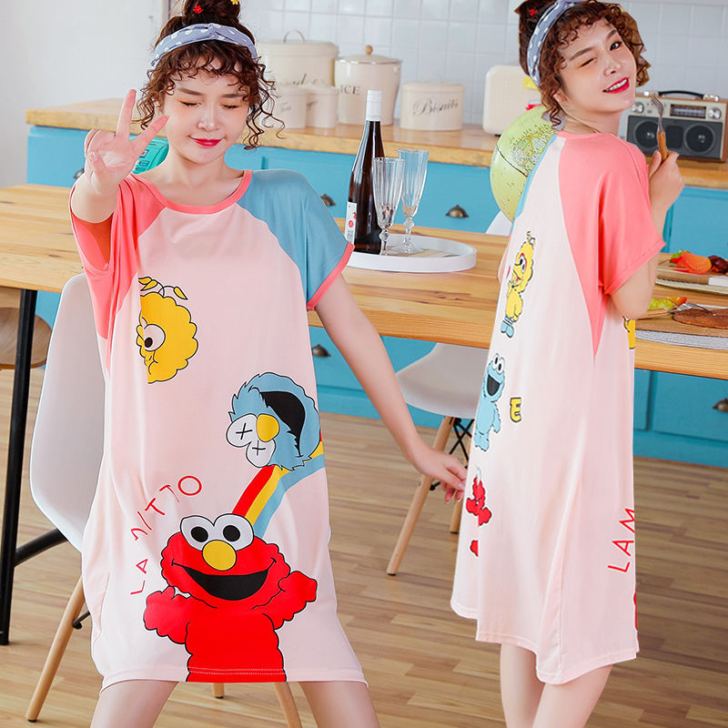 Korean pajama women's summer loose, large-sized, sweet and cute cartoon short-sleeved, mid-length style. Pregnant women can wear a nightgown outside Application Scenario