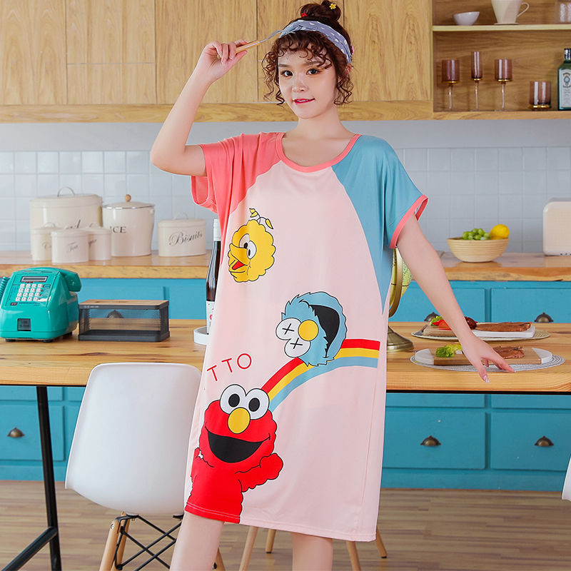 Korean pajama women's summer loose, large-sized, sweet and cute cartoon short-sleeved, mid-length style. Pregnant women can wear a nightgown outside details Picture