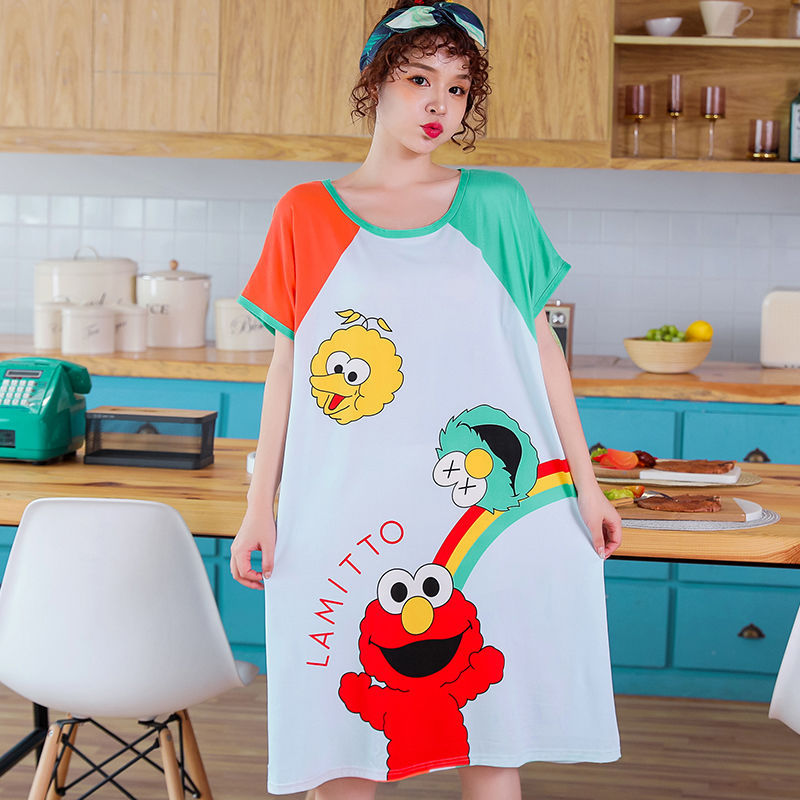 Korean pajama women's summer loose, large-sized, sweet and cute cartoon short-sleeved, mid-length style. Pregnant women can wear a nightgown outside
