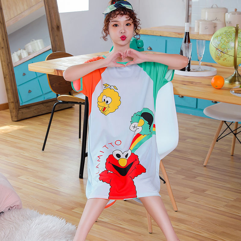 Korean pajama women's summer loose, large-sized, sweet and cute cartoon short-sleeved, mid-length style. Pregnant women can wear a nightgown outside Specification image