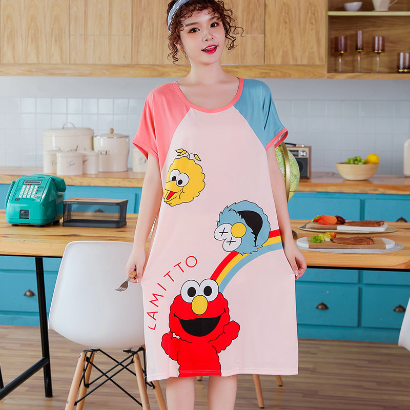 Korean pajama women's summer loose, large-sized, sweet and cute cartoon short-sleeved, mid-length style. Pregnant women can wear a nightgown outside Item Picture