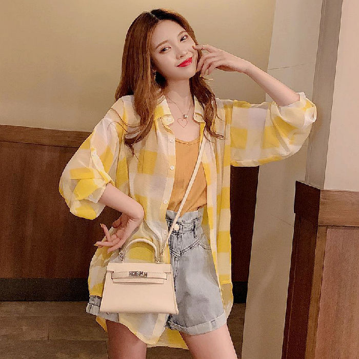 Chiffon checkered shirt for women, mid-length summer sun-protective clothing, 2020 new Korean style, loose and very ethereal, thin style Application Scenario